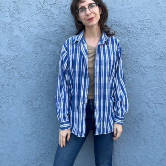 Vintage Cotton Shirt in Mens Large Blue Plaid 90s button down - Picture 11 of 11